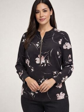 Ricki’s Floral Zip Front Blouse 8 Black  Workwear Minimalist Office Professional